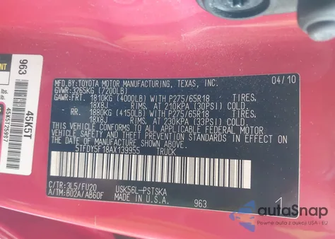 2010 Toyota Tundra Grade 5.7L V8 z USA, uszkodzony, nr VIN 5TFDY5F18AX139955